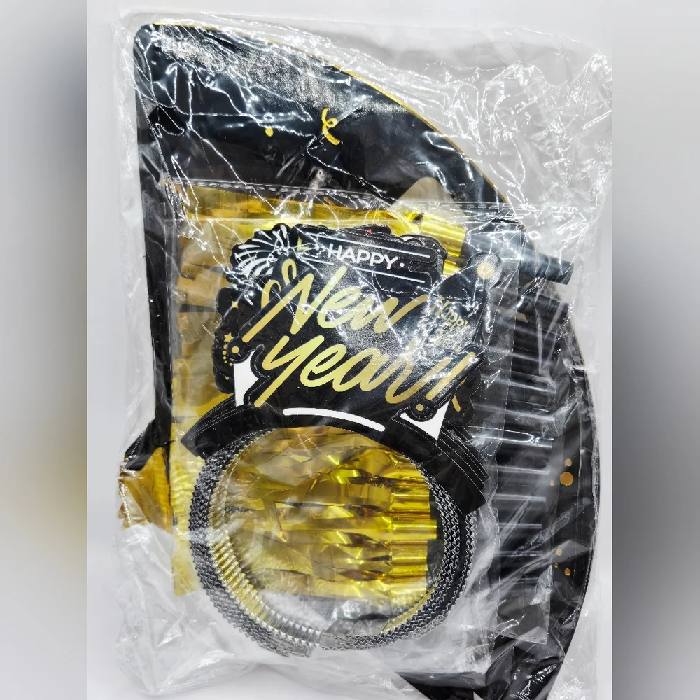 New Years Party‎ Supplies Headbands Hats Blowers Balloons Black Silver Gold